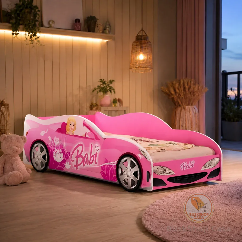 Cama Infantil Carro Menina Com Colchão Quarto Decorado Rosa Moderna Criança Confortável Madeira