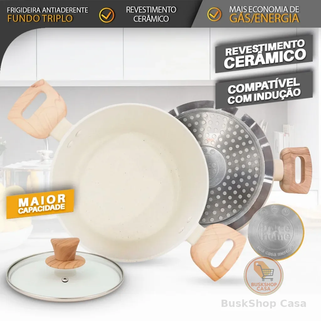 Caçarola Panela 2,4L Antiaderente Fundo Triplo com Tampa de Vidro – Cabo Efeito Madeira
