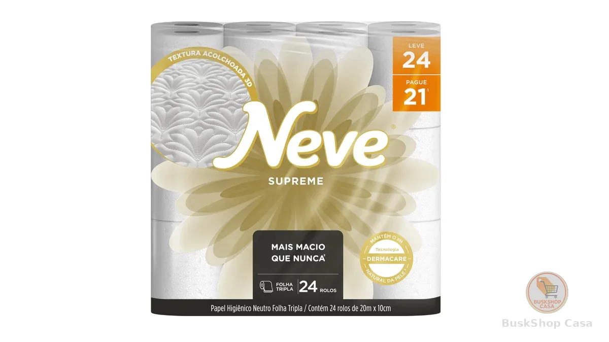 Neve Papel Higiênico Supreme Folha Tripla, 20m, Leve 24 Pague 21 Rolos