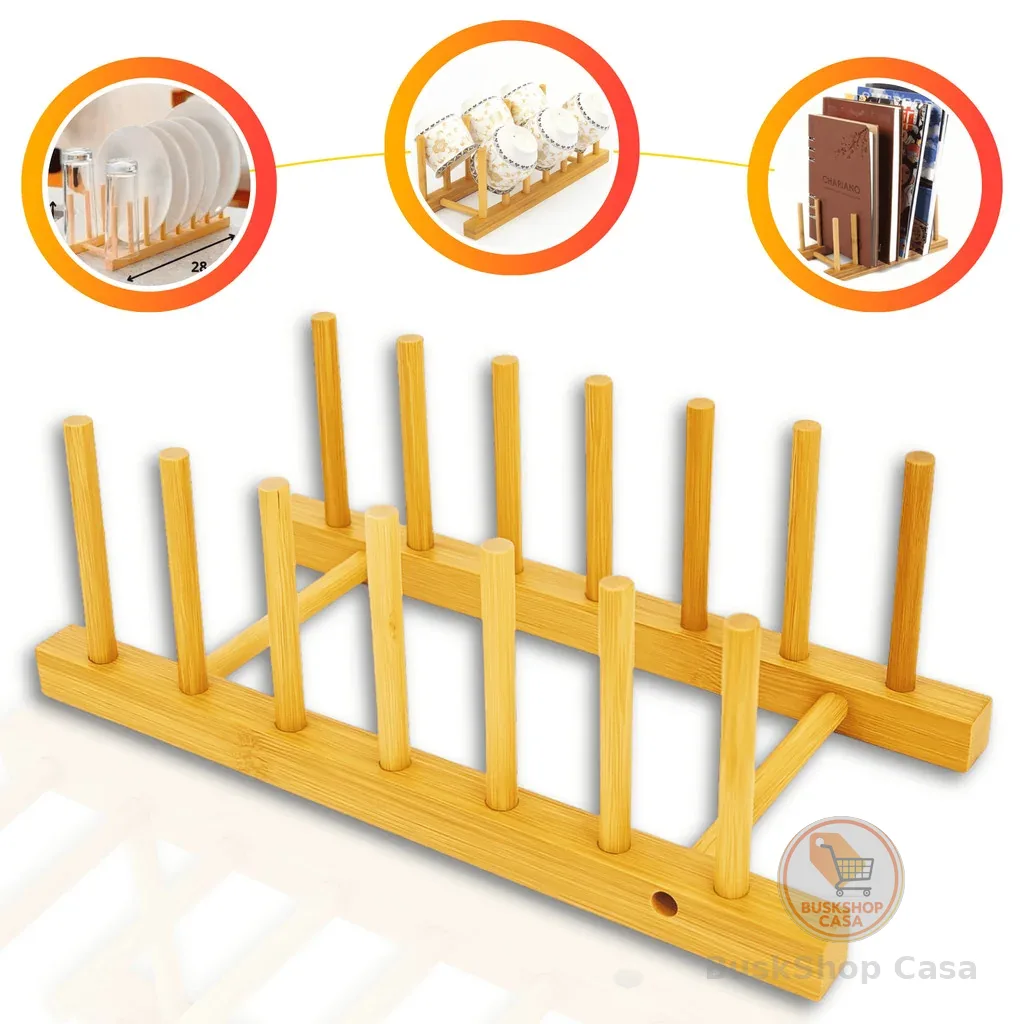 Suporte Escorredor Porta Pratos copos De Bancada De Bambu 6 Divisorias