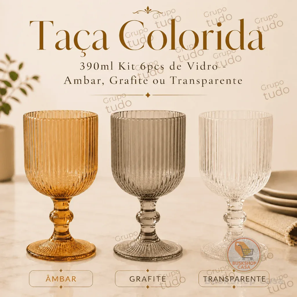 Jogo 6 Taças Versalhes 380ml Canelada Ambar ou Grafite Vidro Graffiato