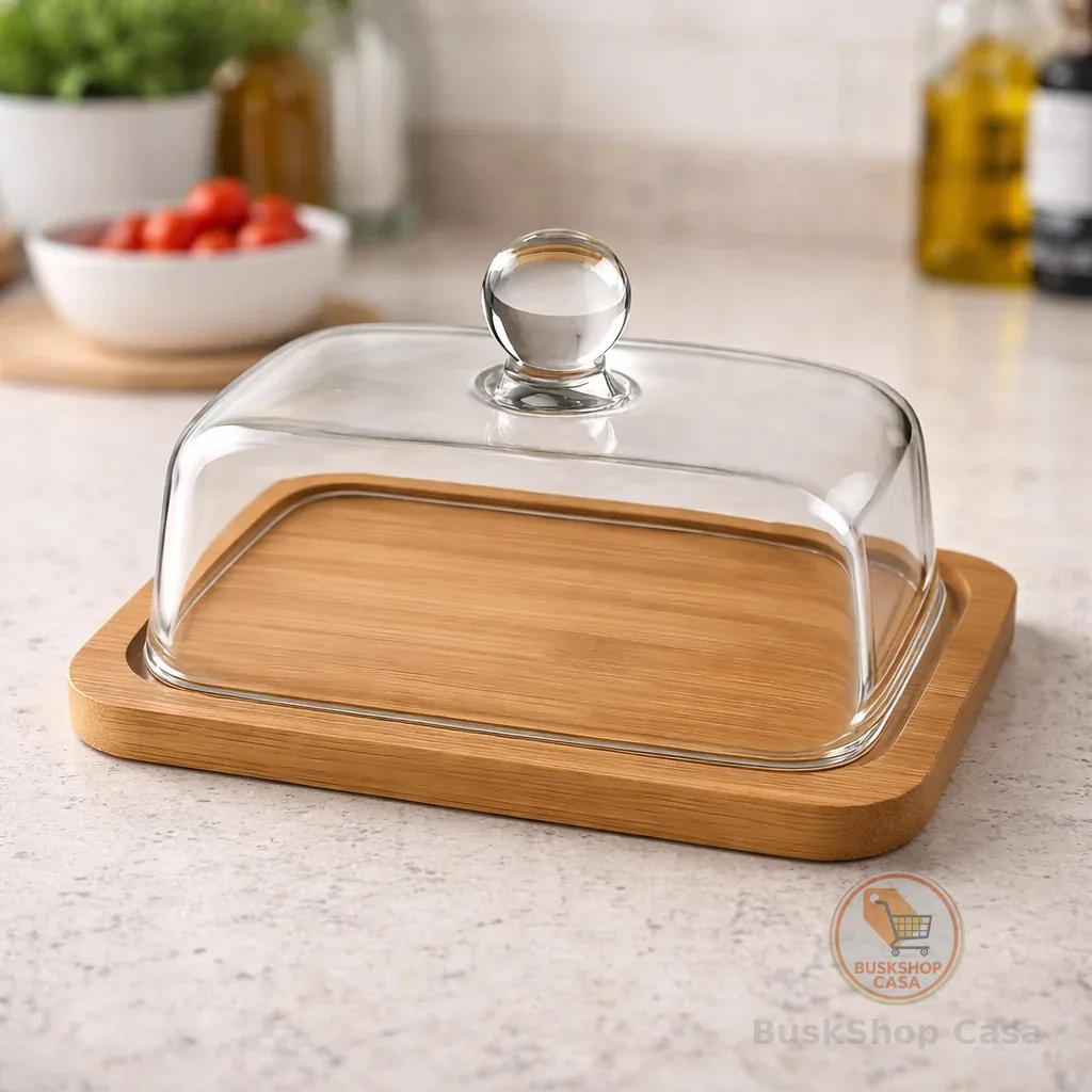 Manteigueira de Vidro com Tampa Transparente e Base em Madeira 18x13cm – Design Sofisticado 
