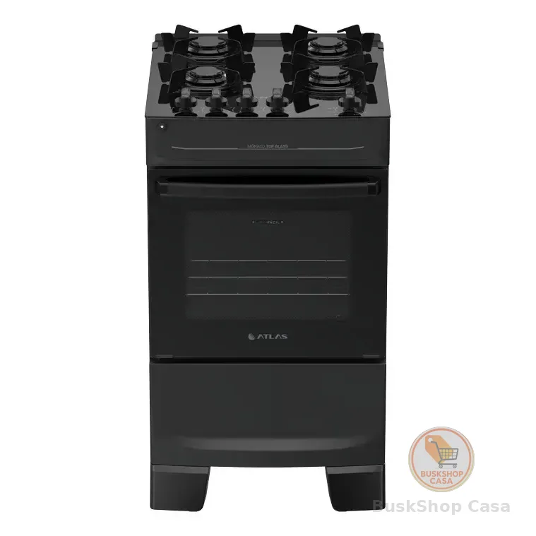 Fogão 4 Bocas Atlas Mônaco Top Glass Automático Mesa De Vidro Preto 127/220v