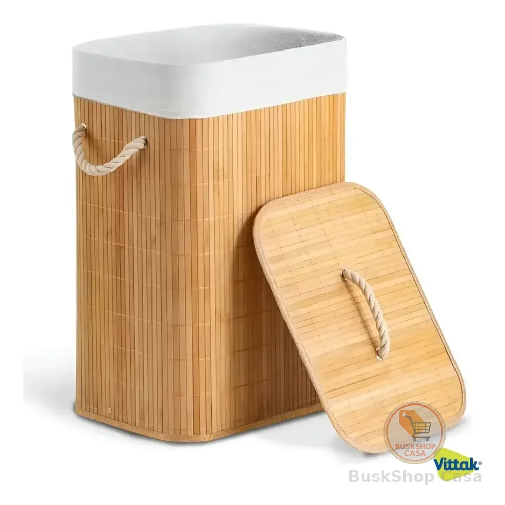 Vittak Cesto De Roupa Bambu 72 Litros Dobrável Retangular Com Tampa E Forro Bege Liso