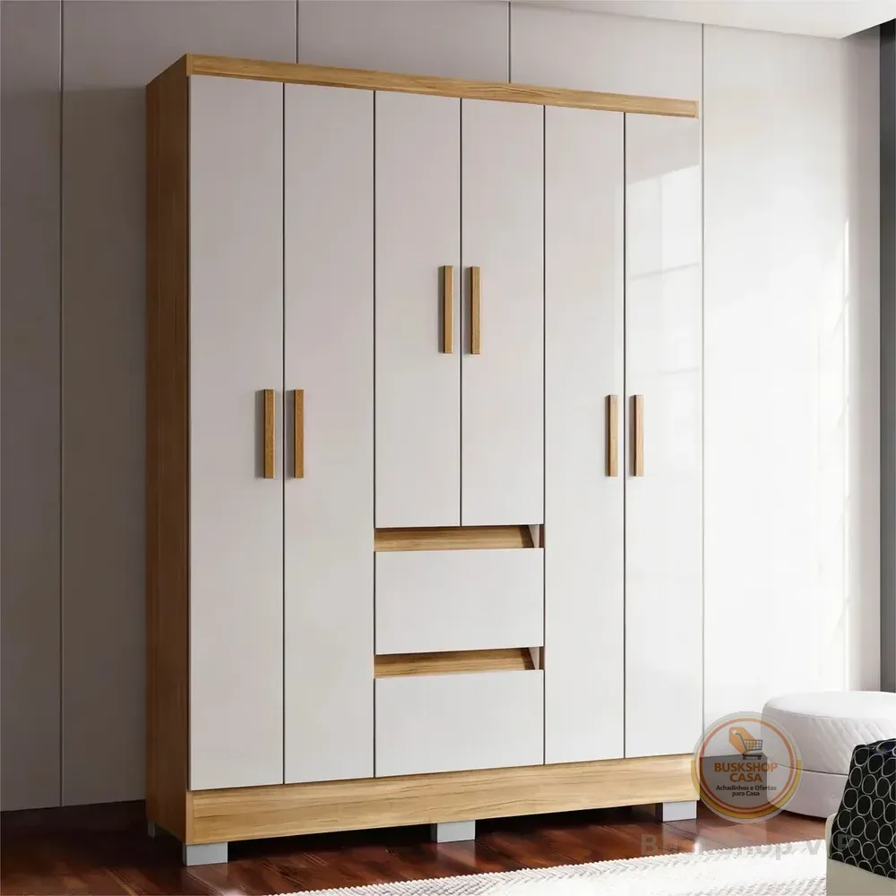 Guarda Roupa Napoles 6 Portas 2 Gavetas Poquema Cor Castanho/off White