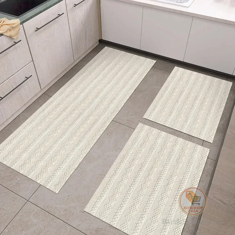 Kit Tapetes De Cozinha Rústico 3 Peças Jogo Listrado 100% Algodão Natural Lavável Decorativo 1.3 M 45 Cm Cru
