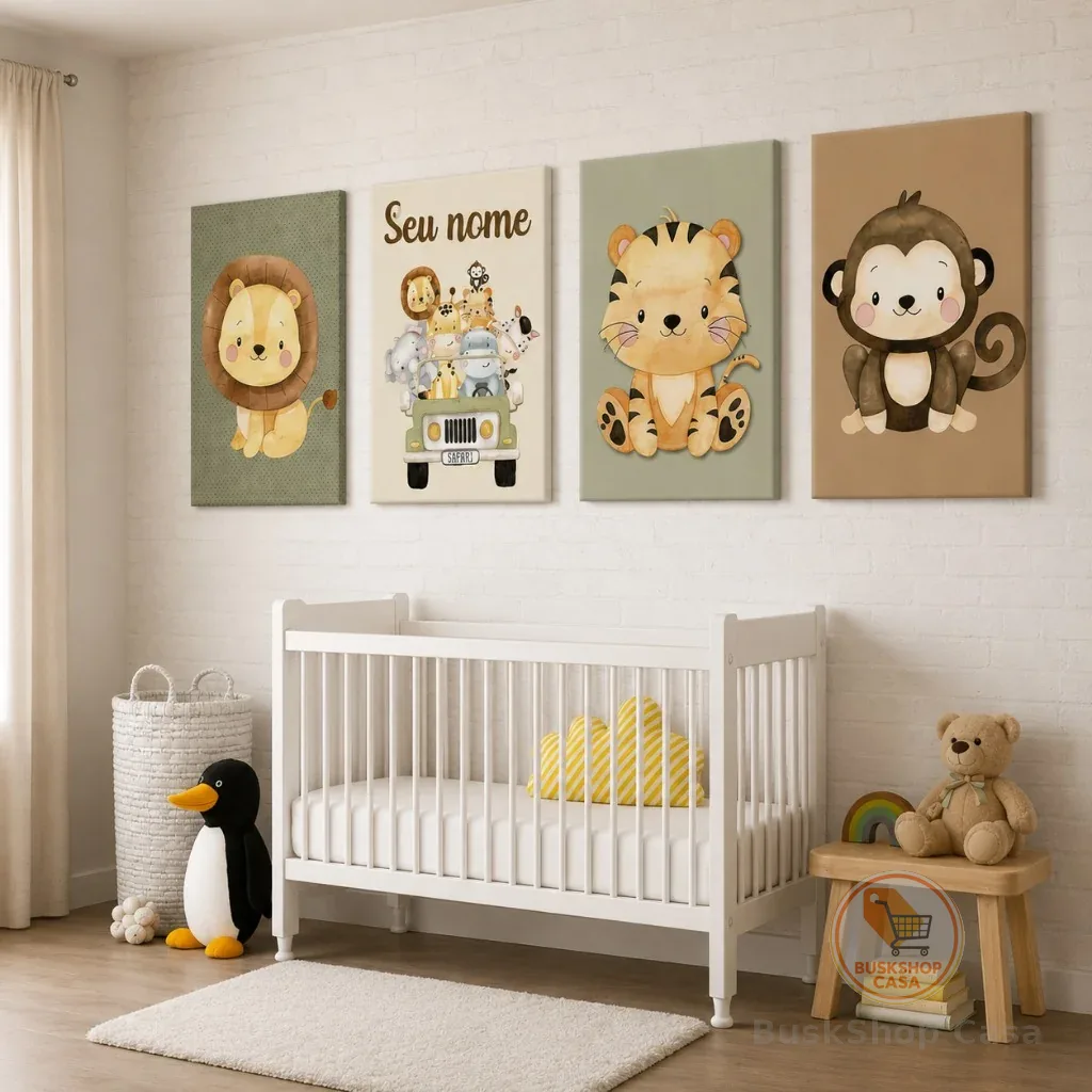 Kit 4 Quadros Decorativos Safari Baby Personalizado Com Nome Brinde Faixa  Adesiva de Parede