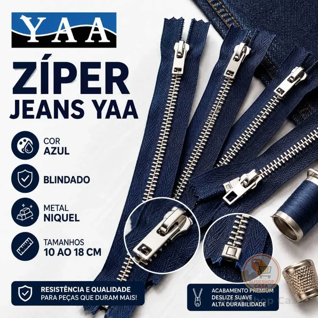 Kit 25 Pçs Zíper Metal Médio Niquelado YAA Azul com Variação de Tamanhos para Costura