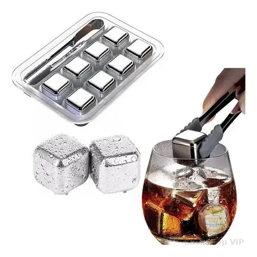 Gelo Em Cubo Inox Kit Com 8 Unidades + Pegador Whisky Drinks