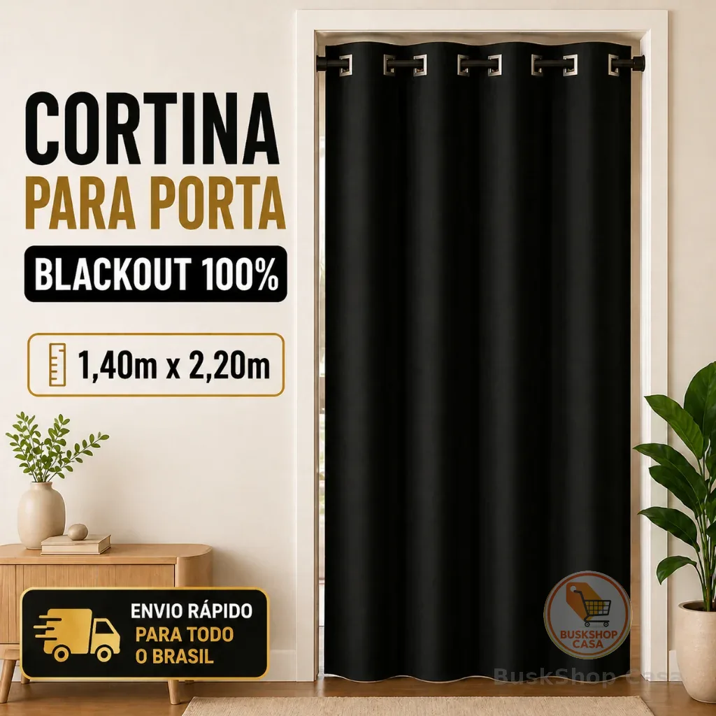 Cortina Para Porta Blackout PVC 100% Luz Ilhós Cromado 1,40x2,20 Bloqueia Luz Sala Quarto
