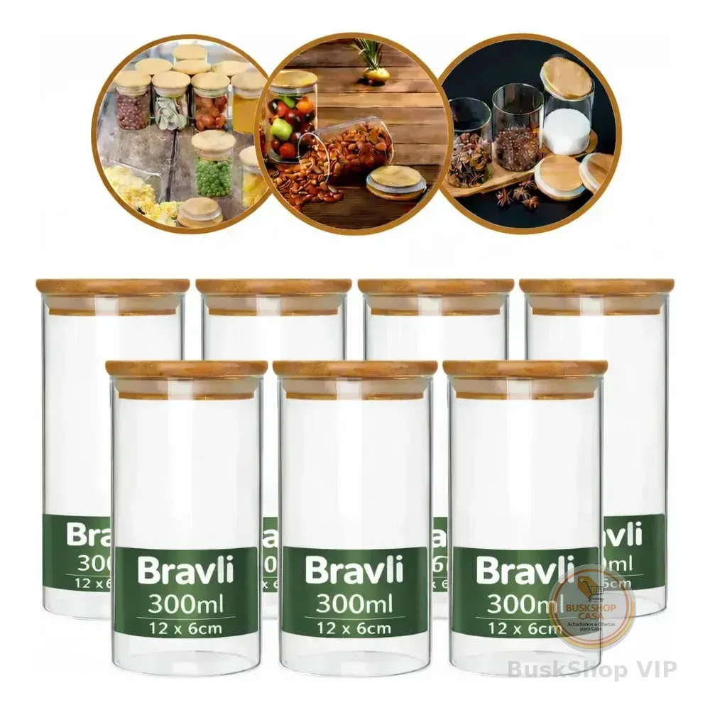 Kit 6 Pote Tampa De Bambu 300ml Hermético Vidro Borossilicato Porta Temperos Mantimentos Alimentos Redondo Cor Transparente Bravli Sem Cor