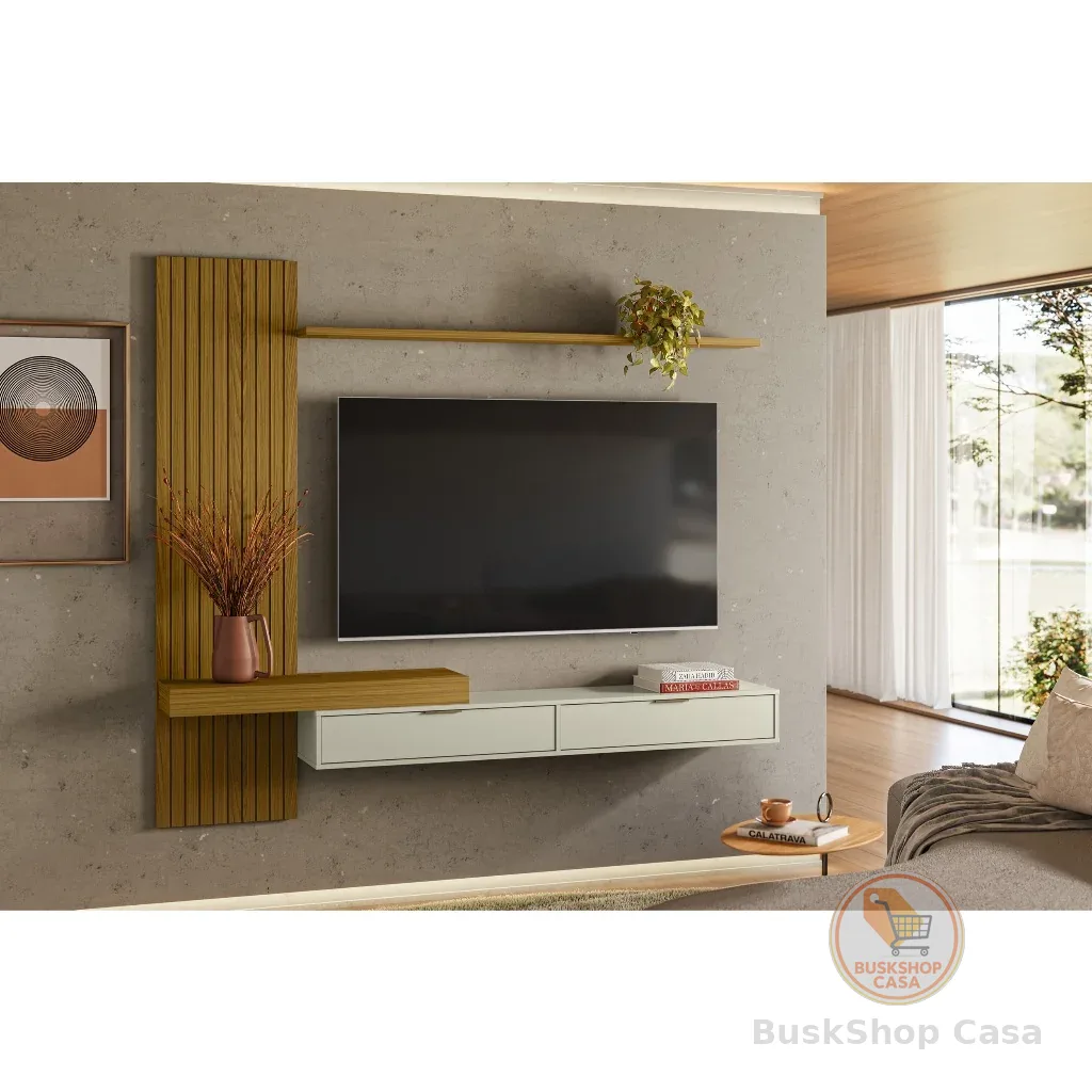 Painel Ripado Italy P/Tvs até 65" - 205cm Nicho C/Portas Basculante Cedro/Off White - Olivar Móveis
