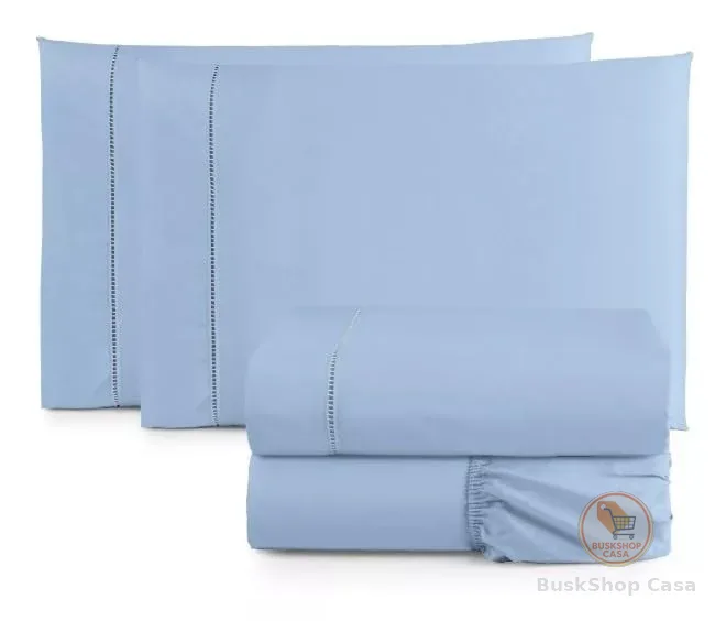 Jogo de Cama Casal Padrão Percal 400 Fios Ponto Palito 04 Peças, Antiácaro, Não faz bolinha Toque Extra Macio – Azul