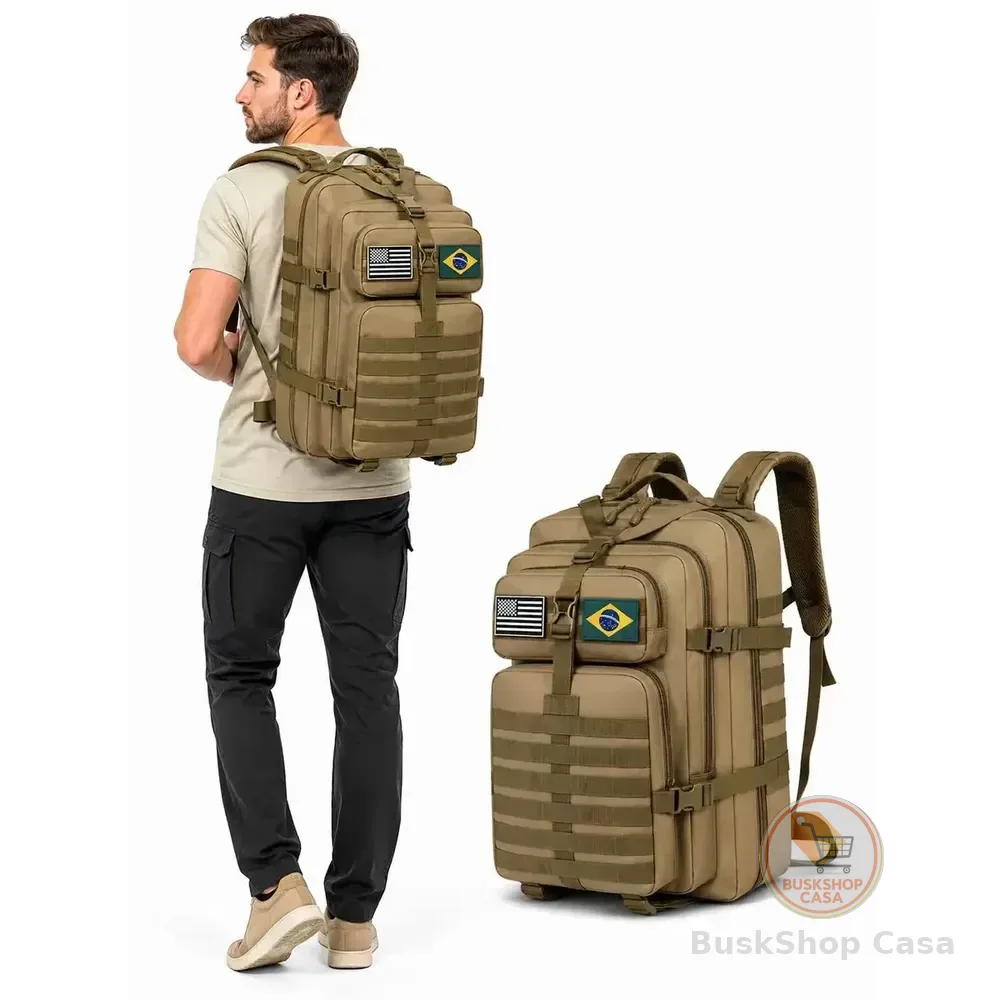Mochila Tática Impermeável Cor Bege Reforçada 50 Litros Resistente Trilhas Camping Viagem Liso