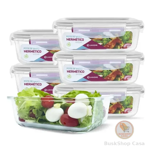 Conjunto 6 Pote Vidro Hermético Marmita Tampa Plástico 640ml