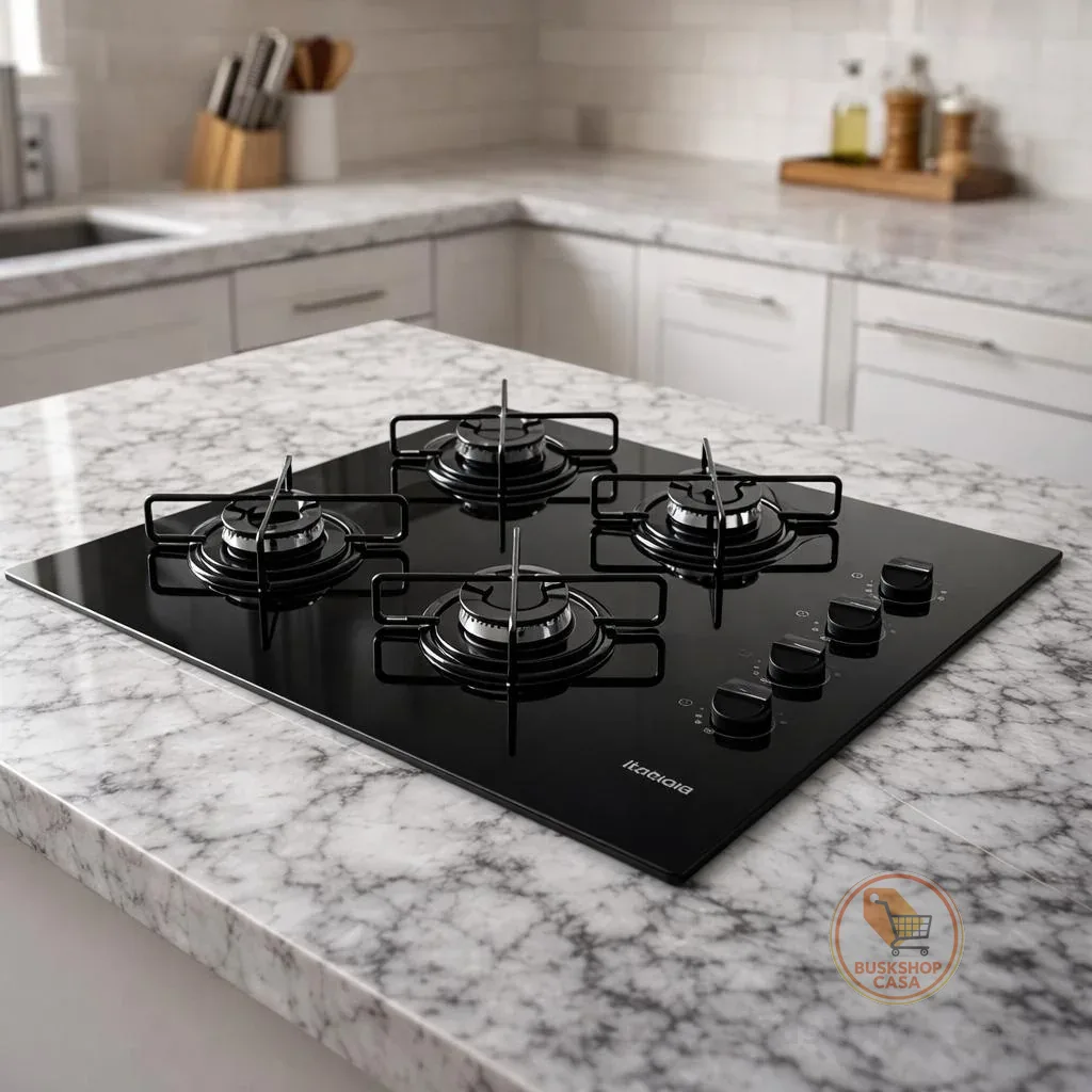 Cooktop Itatiaia 4 Bocas Essencial a Gás Bivolt Mesa de Vidro Preto Acendimento Automático Movelove