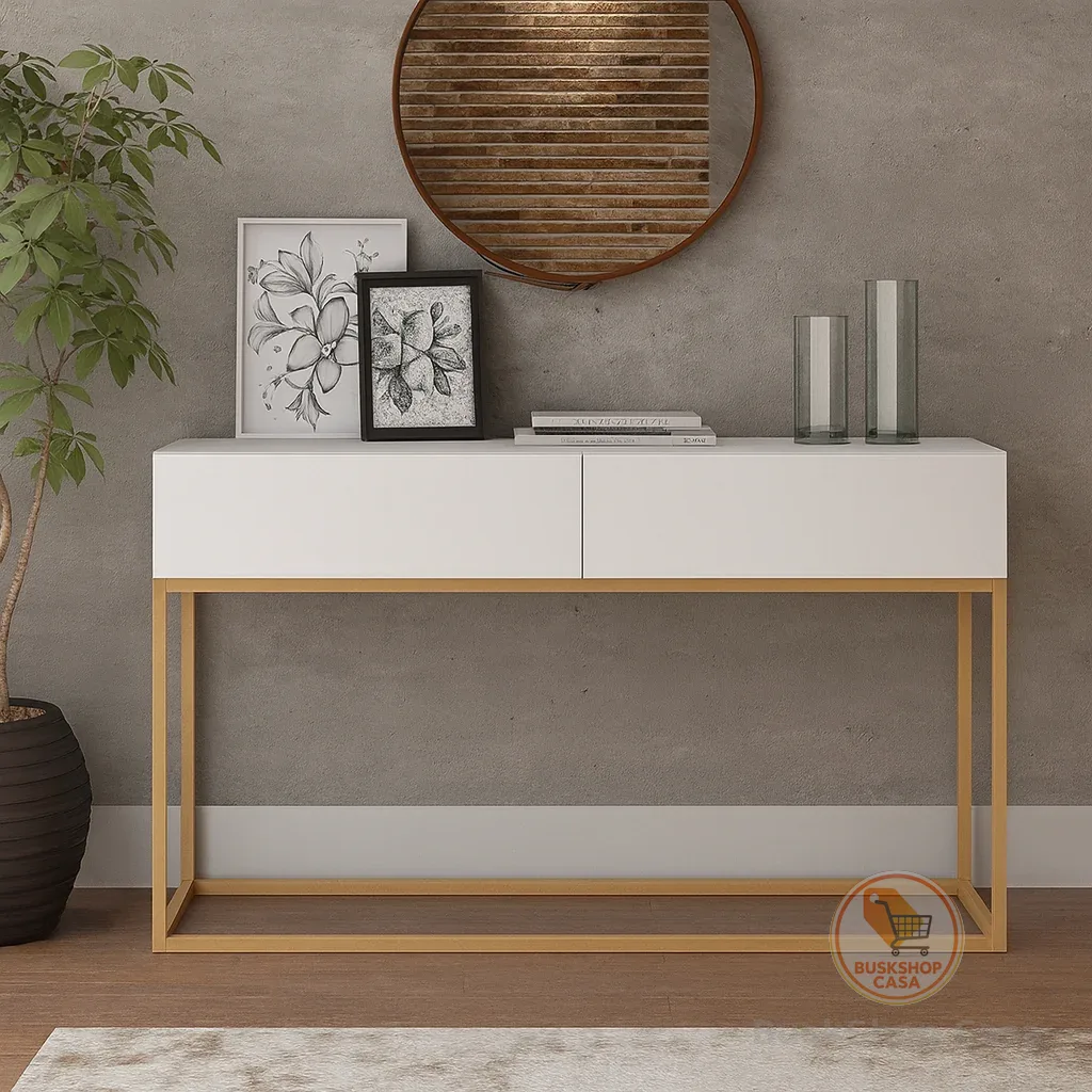 Aparador Buffet Para Sala Cozinha 2 Gavetas Eros 90cm ou 110cm Estilo Industrial Pé Ferro Dourado