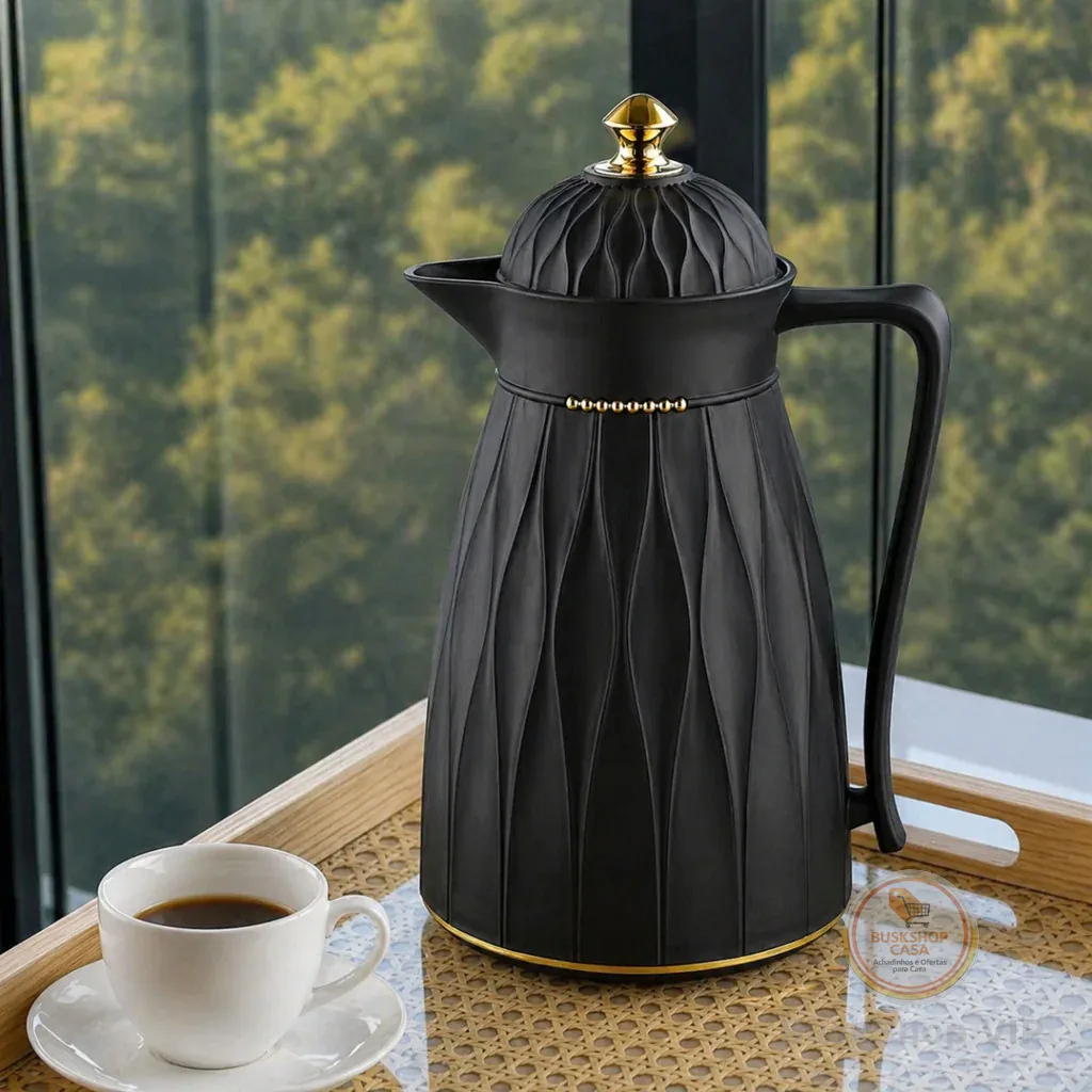 Garrafa Térmica De Café Chá Preta e Dourada 1L Arabic Hotel Casa Pousada Bebidas Quentes Elegante