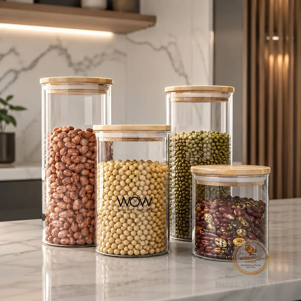 Kit 4 Potes Herméticos Tampa Bambu Organizador Mantimentos Cozinha