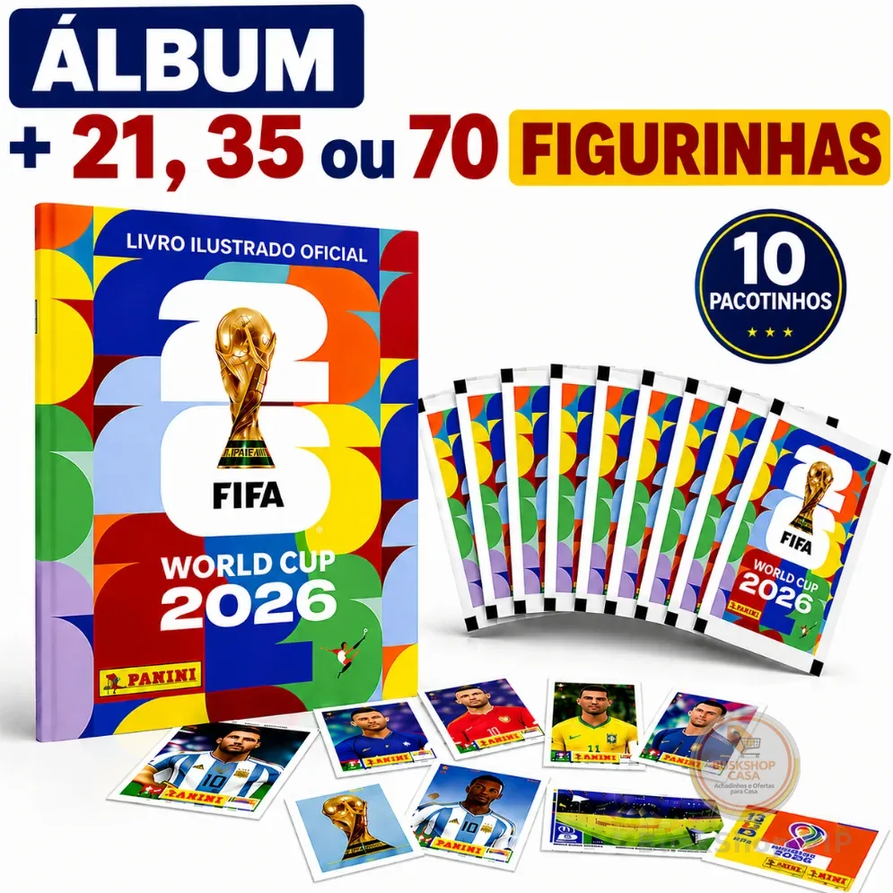 Álbum Copa Do Mundo FIFA 2026 Brochura + 70 Figurinhas 10 Pacotes Colecionáveis Originais