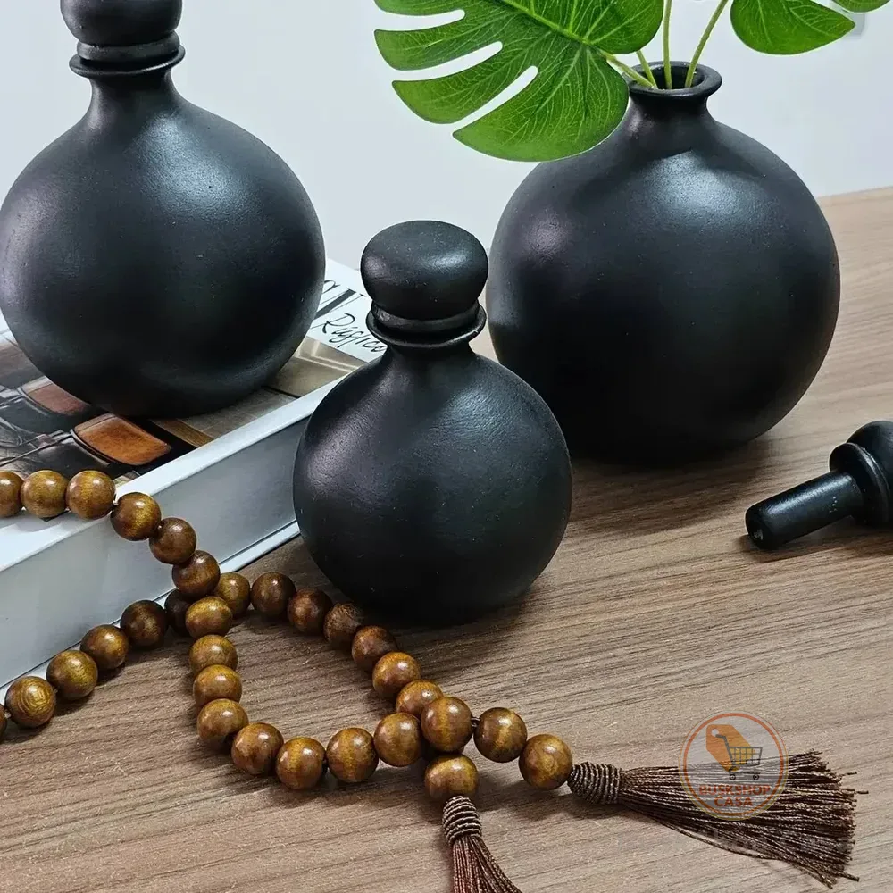 Kit Decora Vaso Decorativo E Colar De Mesa Sala Rack 4peças Cor Madeira Lisa
