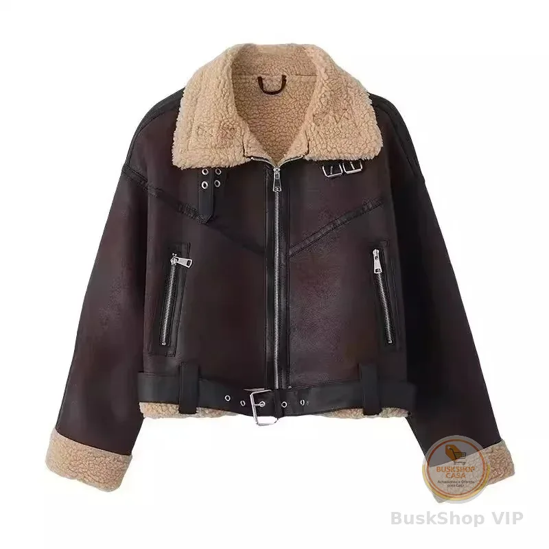 Moda Feminina Vintage Casual Casaco Curto Solto Outono/Inverno Mangas De Lanterna Com Zíper Espessado De Pele Artificial