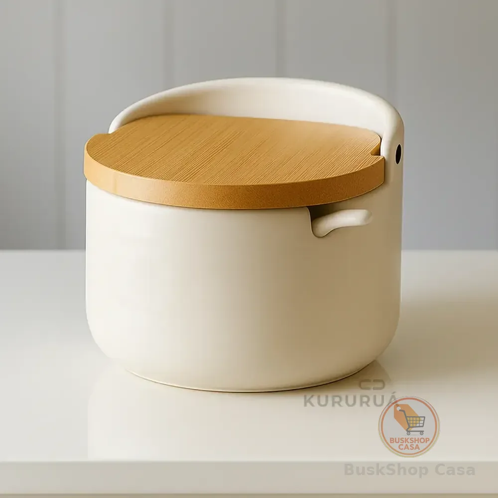 Saleiro De Mesa Porta Sal Em Porcelana Com Colher Tampa Bambu Cor Branco Marca Kururuá