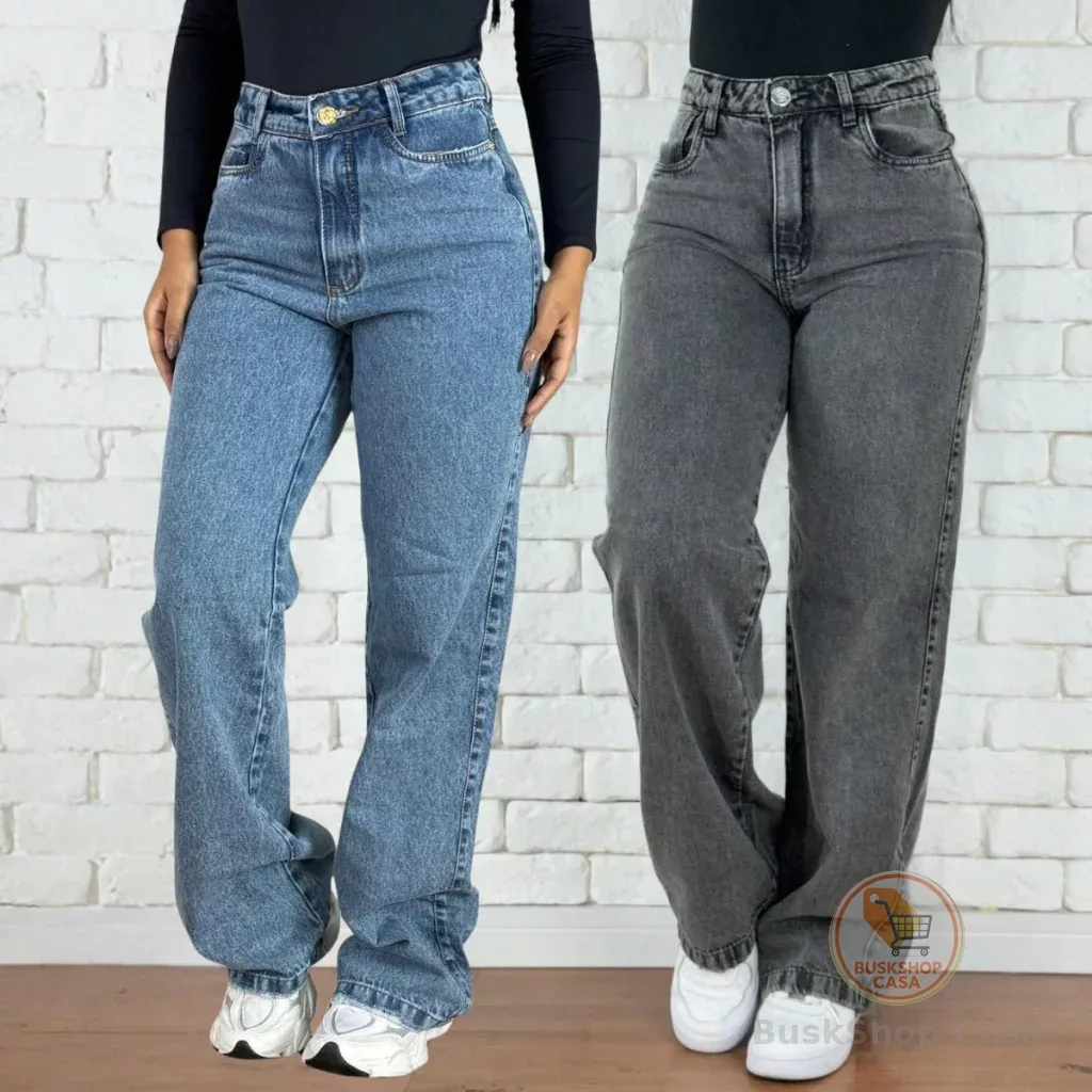 Kit 2 Calças Jeans Wid Leg Cos Alto Aumenta Bumbum Moda Feminina