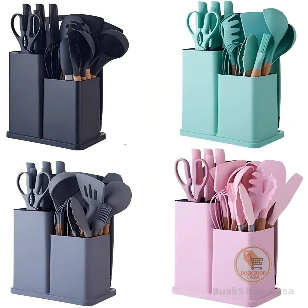 Kit Conjunto 19 Pçs De Utensílios Facas Silicone e Plástico Cozinha Jogo Completo Batedeira Colher Pegador