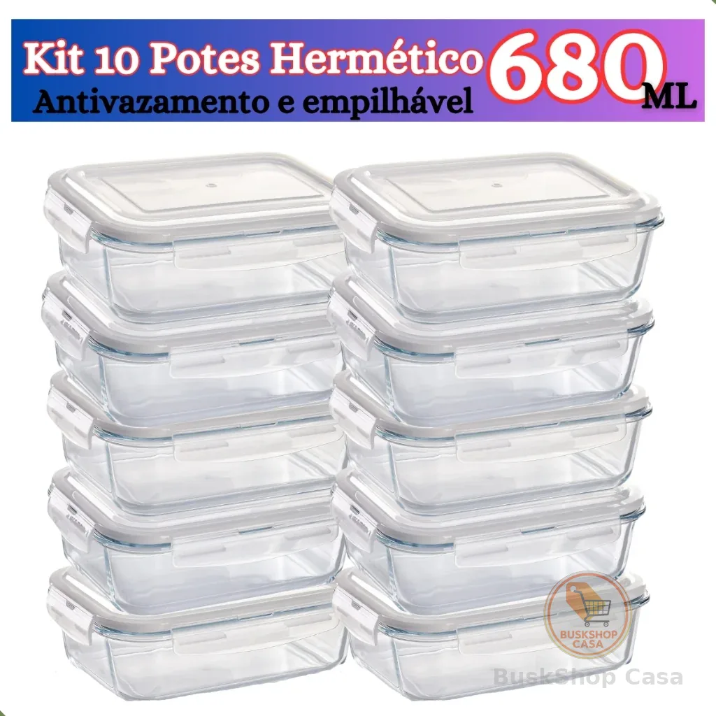Kit de 6 até 12 Potes de Vidro 640ml - 370 ml Hermético Marmita Fit com Tampa 4 Travas Premium