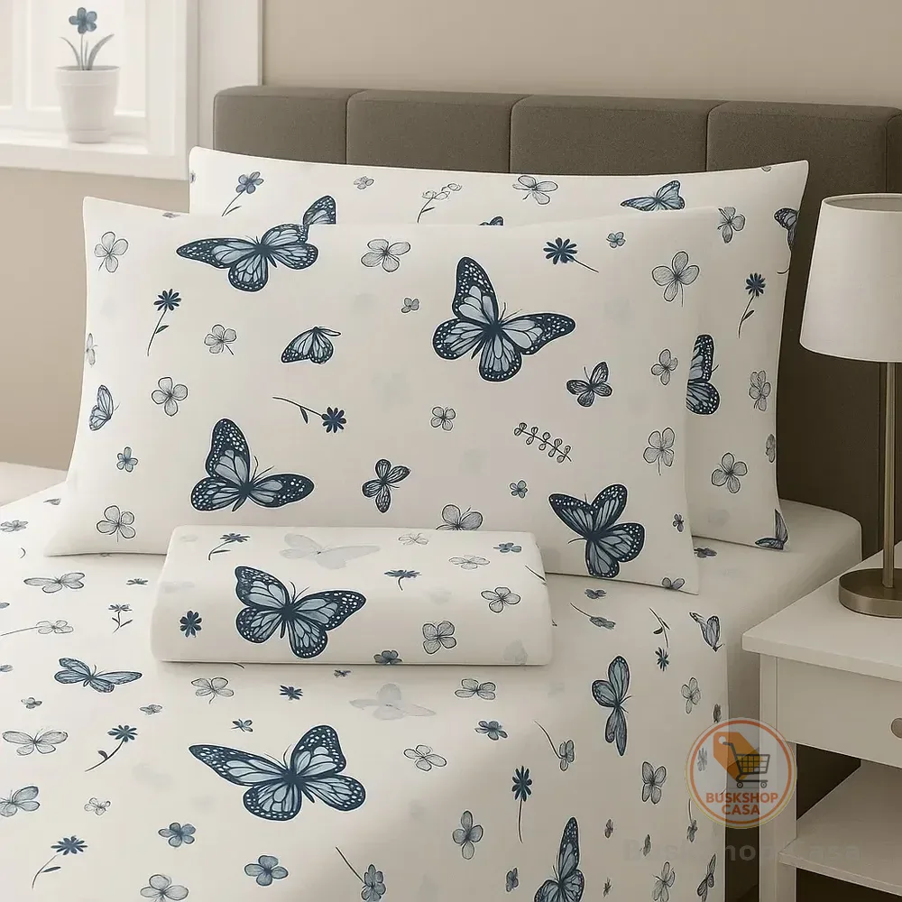 Jogo De Lençol Casal Estampado 3 Peças Algodão Tecido Suave Azul-aço Borboleta/azul