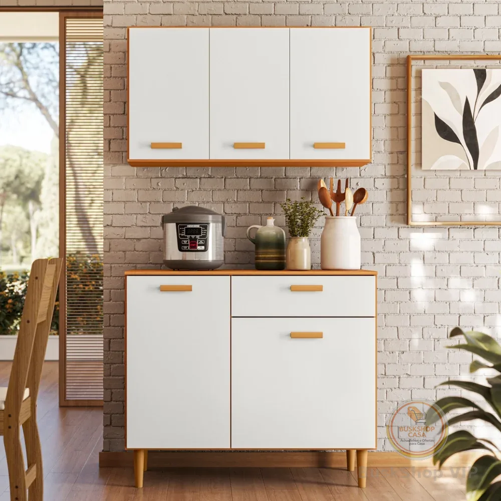Kit Cozinha Ester Balcão 90 cm + Ármario Áereo 3 Portas Freijó/Off White - Poliman