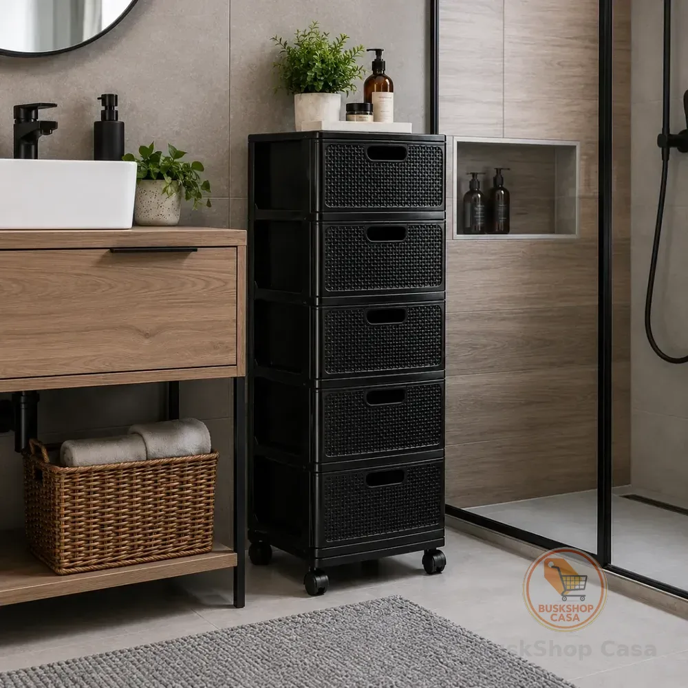 Gaveteiro Cômoda Organizador 5 Gavetas Com Rodas Rattan 5 Gavetas Grande Preto Rattan
