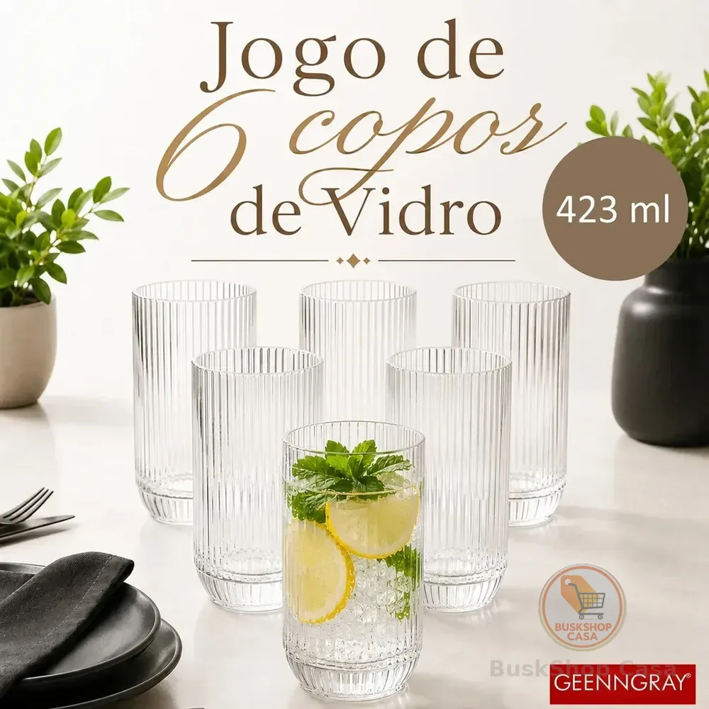 Jogo 6 Copos De Vidro Canelado 423ml Cameratta Água Suco Refrigerante Gourmet Premium Luxo Elegante Drink Café Whisky... Transparente