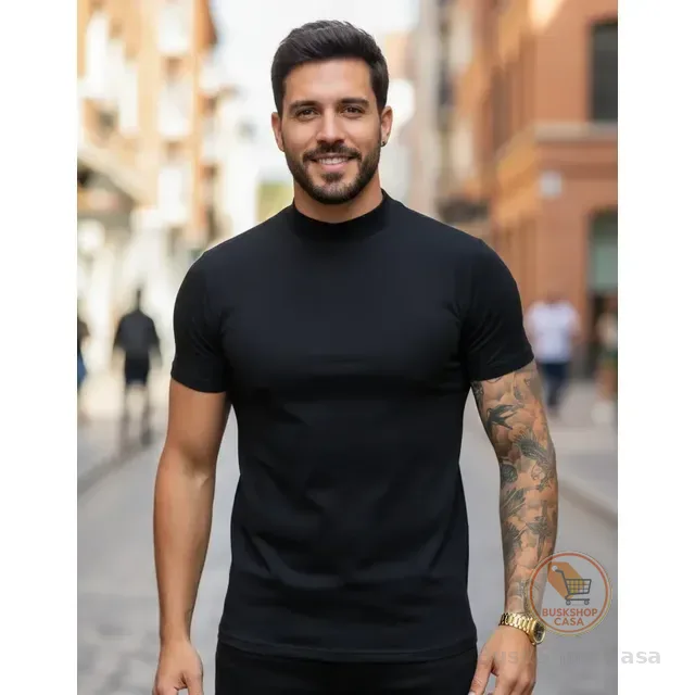 Camisa Canelada Meia Gola Alta Slim Estilosa Elegante Homem