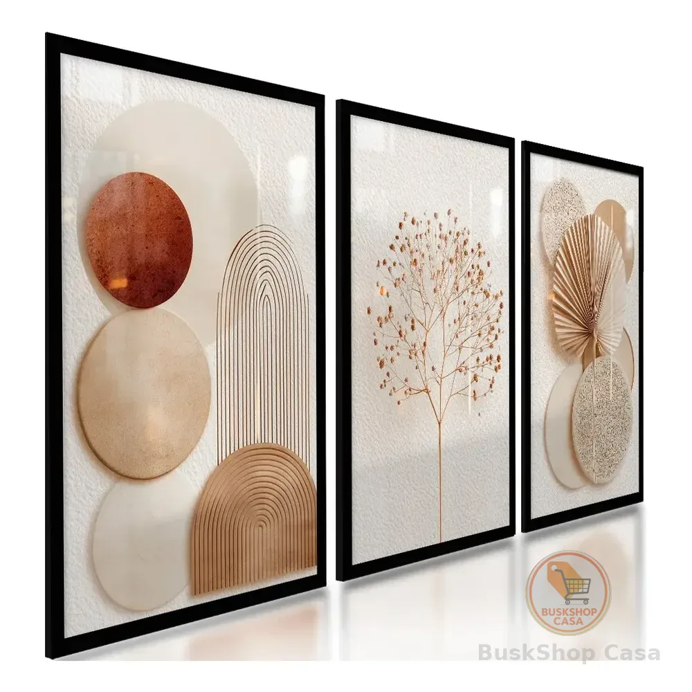 Quadros Decorativos Abstratos Geométricos Boho Neutro 122x60 Cor Preto Armação Infinita