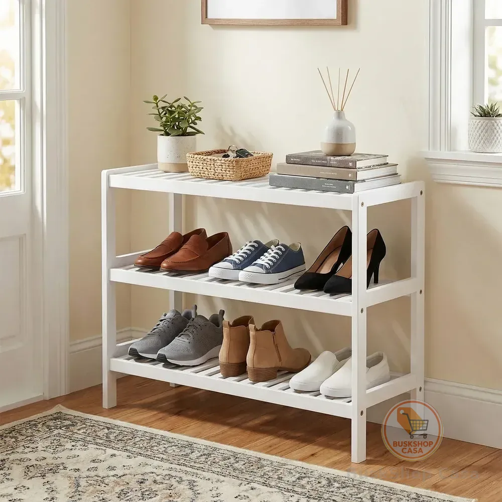 Sapateira Organizador De Calçados De Bambu, 3 Níveis, Branco