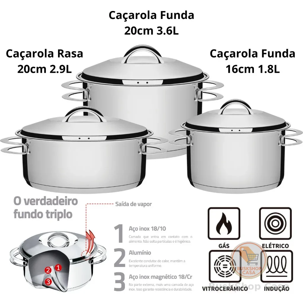 Jogo de Panelas Tramontina Inox Fundo Triplo Solar 3 Pç