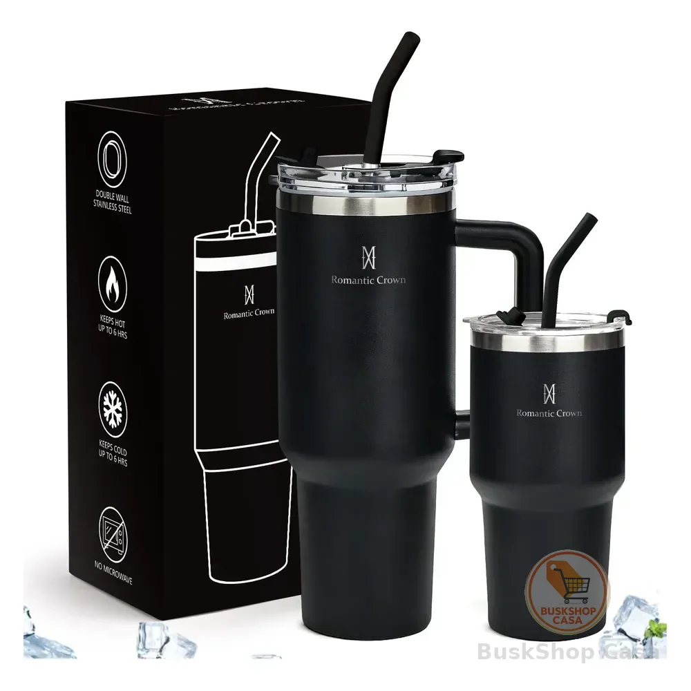Kit Copo Térmica Inox 1200ml & 600ml Com Tampa E Inox Canudo Preto Cor Pura