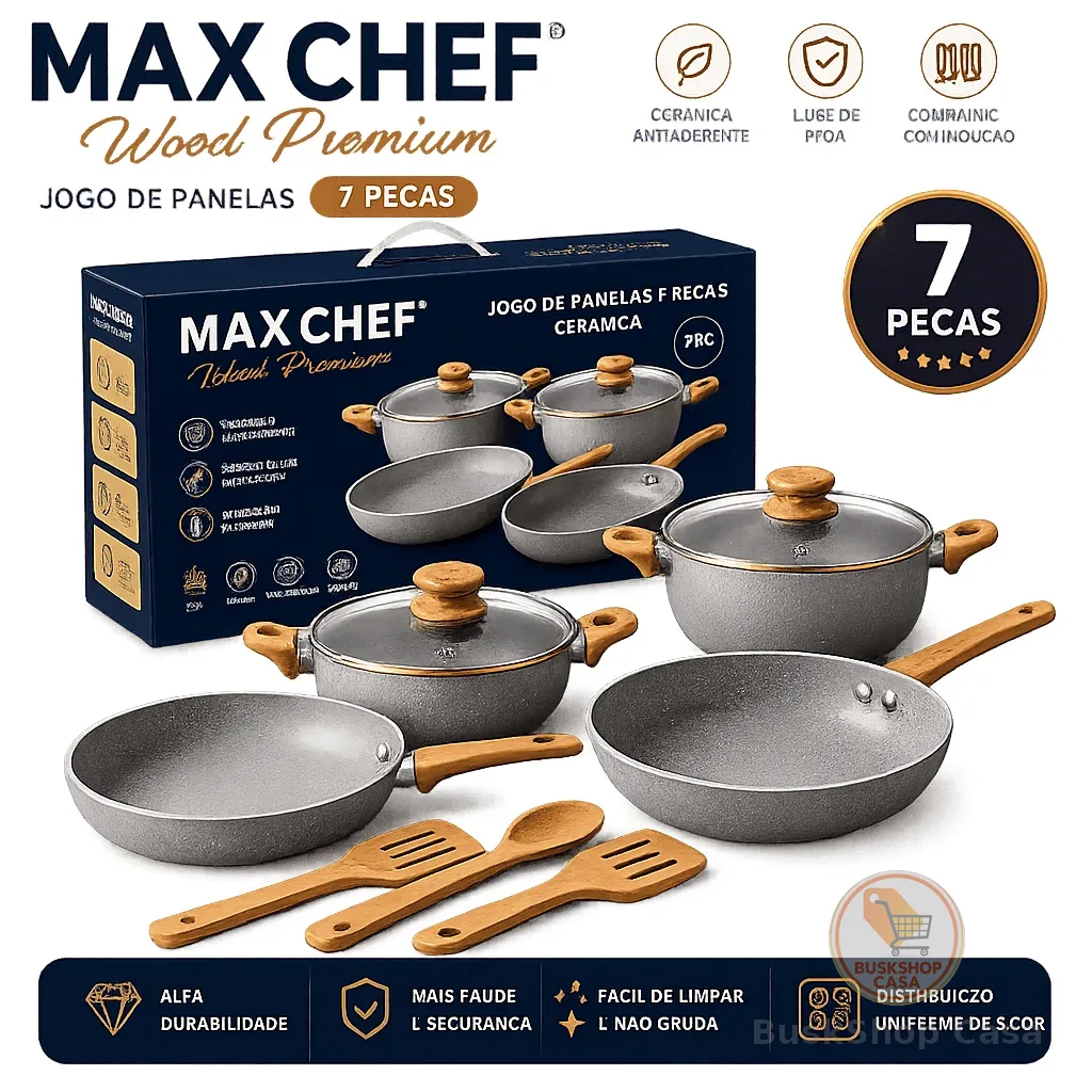 Jogo De Panelas 7 Peças Cerâmica Max Chef Wood Premium Antiaderente Alta Qualidade