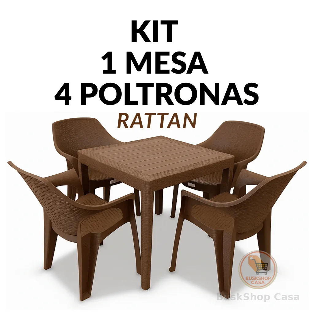 Kit Jogo de 1 Mesa Quadrada com 4 Poltronas Rattan Empilháveis Jardim Varanda Área Gourmet Piscina