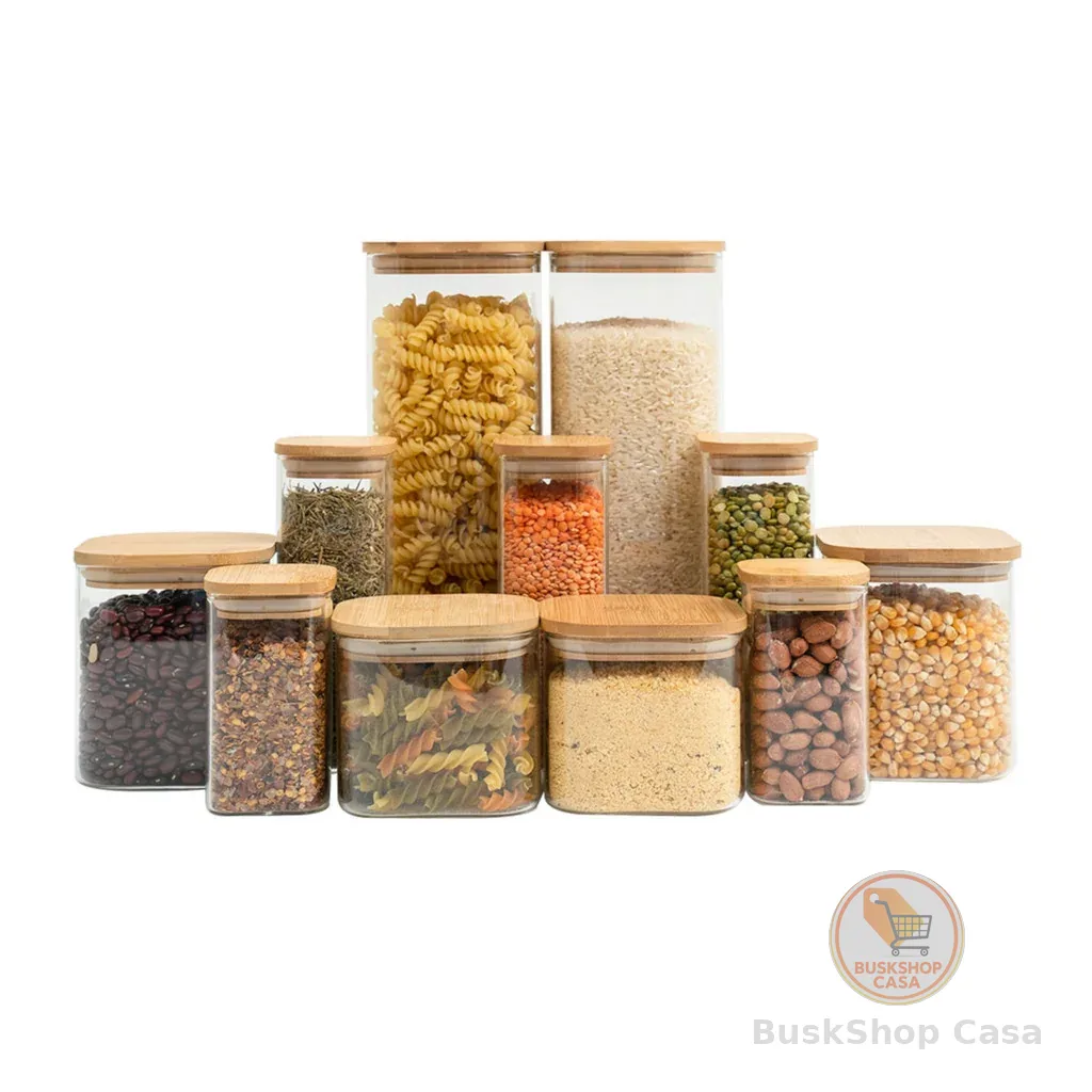 Kit 11 potes de vidro com tampa de bambu herméticos quadrados - Tüd