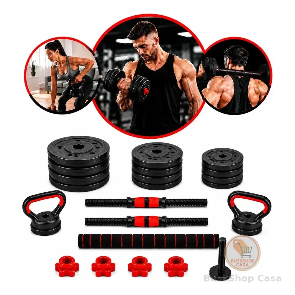 Kit 6 Em 1 Halteres 20kg E Anilhas Ajustáveis Kettlebell Fit Cor Preto Fast Grit