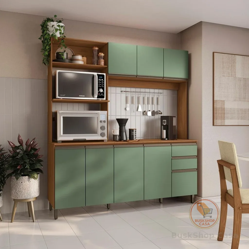 Cozinha Compacta Luna Kappesberg 3 Peças Canela/Verde Oliva 192,5cm