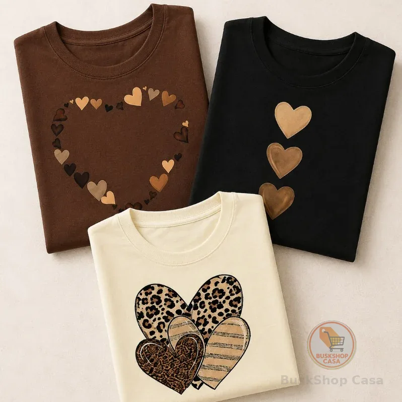 Kit 3 Baby Look Feminina Camisetas Coração Oncinha Algodão Bege Marrom Preto Manga Curta Casual Confortável Estilosa Top