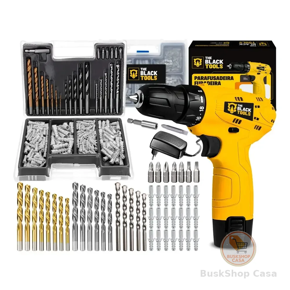 Parafusadeira Furadeira 3/8 A Bateria Tb12a The Black Tools Jogo Brocas E Buchas 300 Peças Amarelo 127/220v 60hz