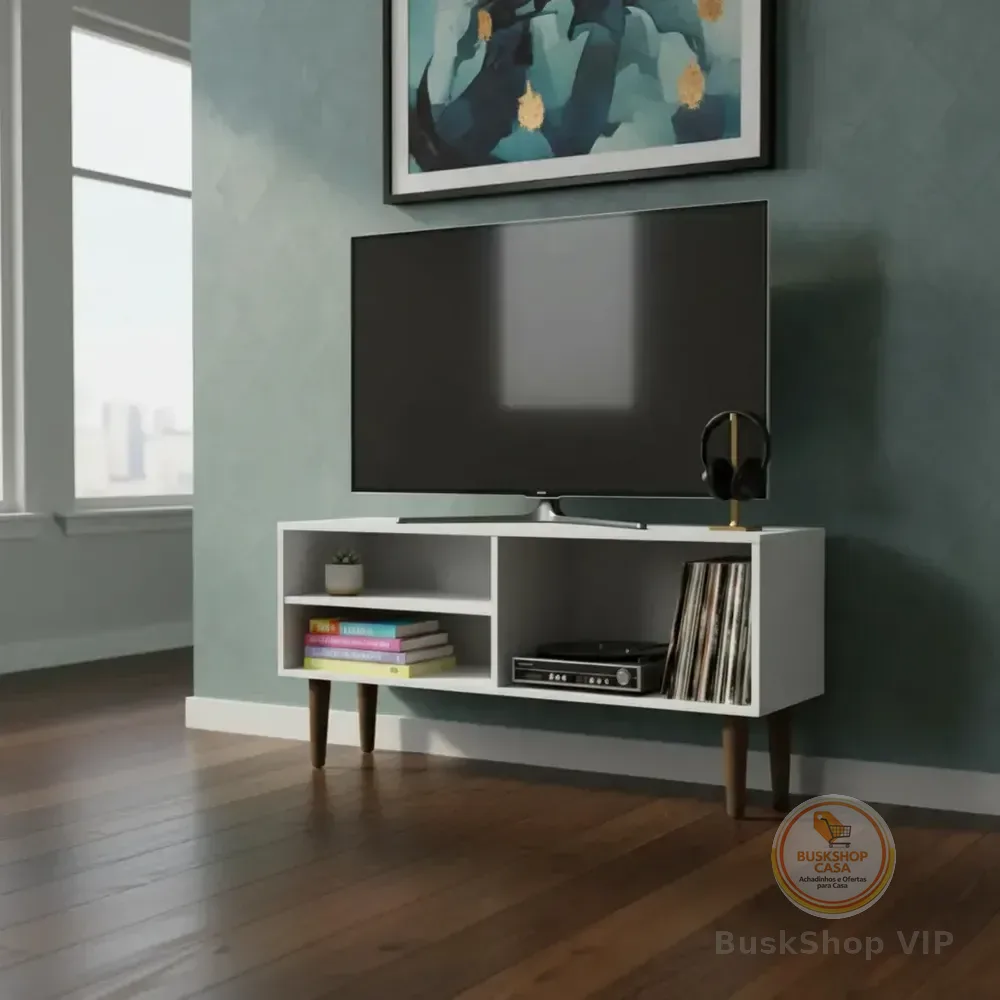 Rack Prateleira Bancada Sala Tv Pé Retro 90cm Aparador Apoio Tv Até 50 Polegadas Pequeno Sala Quarto Canto Compacto... Branco