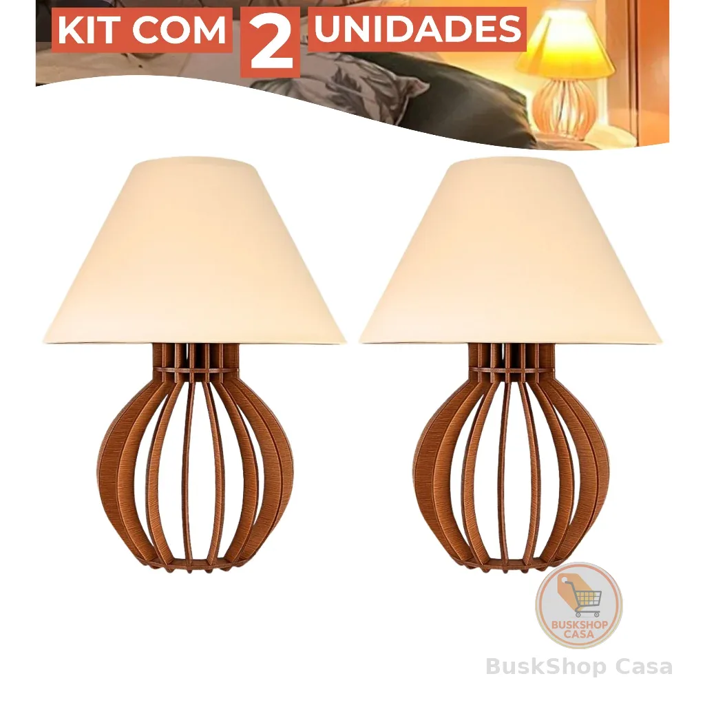 Kit 2 Abajur Clássico Cabeceira Criado Mudo Quarto Madeira Marrom