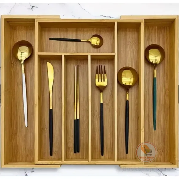 Porta Talheres Gaveta Bambu 7 Divisórias Extensível Ajustável  Organizador Talheres Madeira