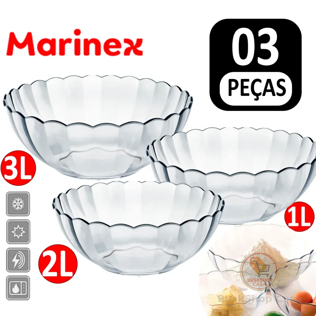 Conjunto Jogo de Tigelas Travessa Marinex Astral Vidro Temperado Saladeira Kit Tigela Transparente